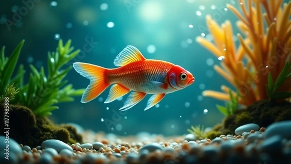 Fototapeta A vibrant fish swimming in a colorful aquarium, surrounded by aquatic plants and shimmering scales. This peaceful scene highlights the beauty of aquatic pets, making it perfect for National Pet Day.