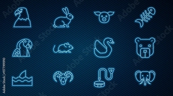 Fototapeta Set line Elephant, Bear head, Pig, Rat, Macaw parrot, Eagle, Swan bird and Rabbit icon. Vector