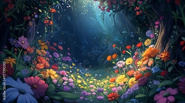 Obraz A mystical forest clearing with vibrant blooming flowers