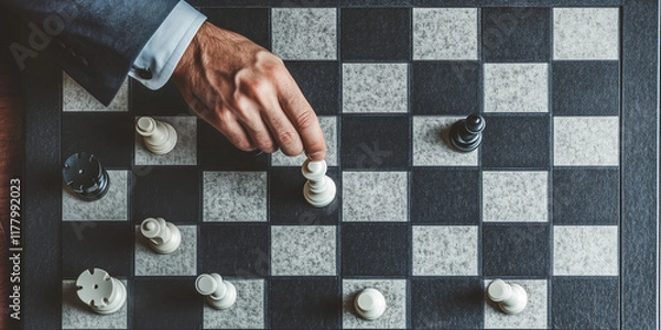 Fototapeta Businessman moving chess piece on a chess board game, top view