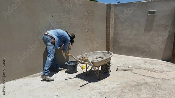 Fototapeta Homem de roupa azul e chapéu preto, trabalhando na construção do muro, com carriola de cimento e balde com água ao lado.