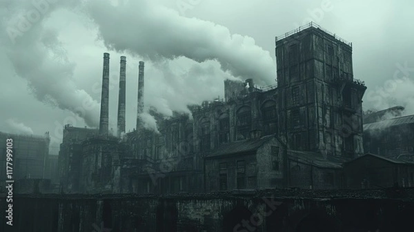 Obraz Desolate Industrial Landscape: A chilling depiction of an abandoned factory shrouded in smog, evoking themes of environmental decay and industrial decline.