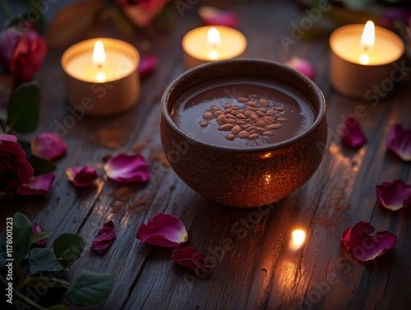 Fototapeta A cozy composition featuring a mug of hot chocolate on a wooden surface. Accented with rose petals and tea candles, it illustrates cacao ceremony practice