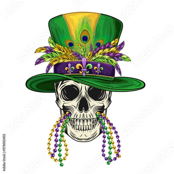 Fototapeta Human skull with green tall cylinder hat with bunch of colorful feathers and bundle of beads between jaws. Mardi Gras themed detailed illustration in vintage style
