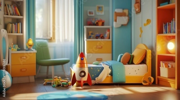 Obraz Boys bedroom with bed, bookshelf, cupboard, chair and toys box. Vector cartoon illustration of kids room interior with nightstand, books, ball, rocket, robot and night light on wall