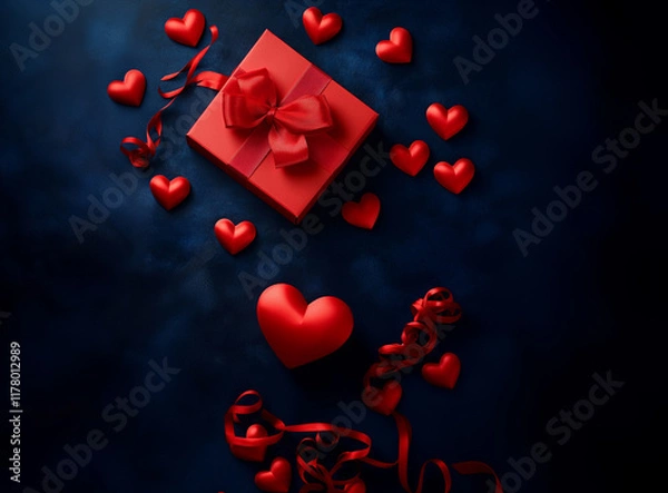 Obraz A red box with a red ribbon on a navy blue background, hearts scattered around.Valentines day, .Al generated