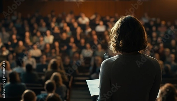 Fototapeta Woman Presenting At University Workshop In Lecture Hall With Audience In Conference Hall, Unidentified Participant'S Rear View. Scientific Conference Event.