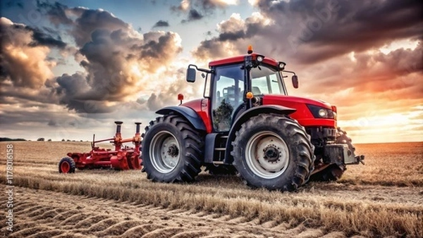 Fototapeta Tractor plows a field in the spring accompanied by rooks Tractor