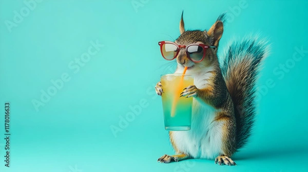Obraz Playful squirrel wearing sunglasses sipping from a tropical drink, symbolizing energy and fun, ideal for leisure ads or summer branding