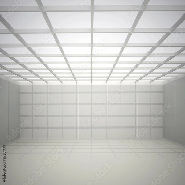 Fototapeta 3d illustration. White interior of not existing building with a square cellular ceiling and wall and top light in perspective. Symmetrical view, render