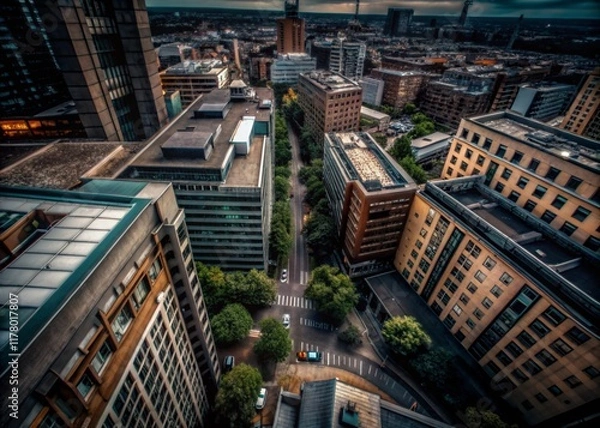 Obraz Bird's eye view from helicopter of cityscape metropolis infrastructure
