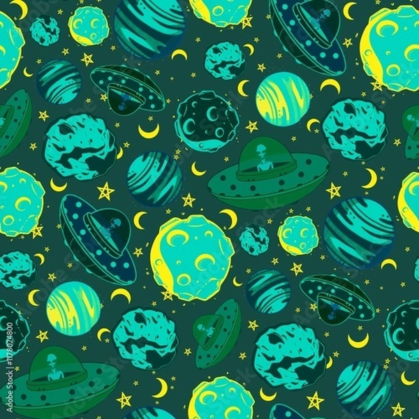 Fototapeta Seamless repeating space elements pattern on dark background.