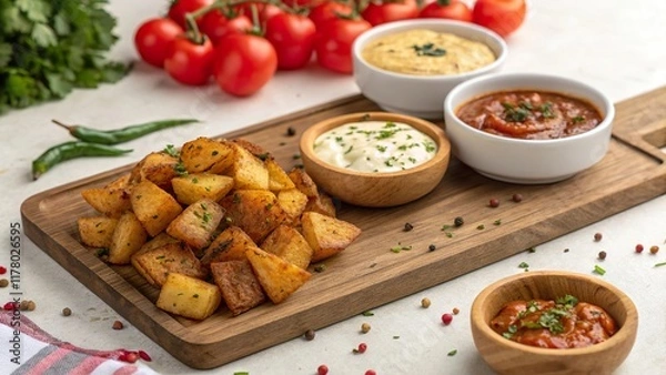 Obraz Delicious batata harra served with flavorful dips and fresh vegetables on a rustic wooden board