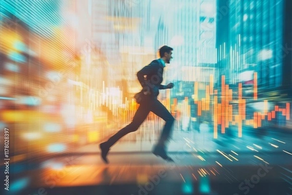 Fototapeta Dynamic businessman in motion with overlay of stock market trends and growth analytics