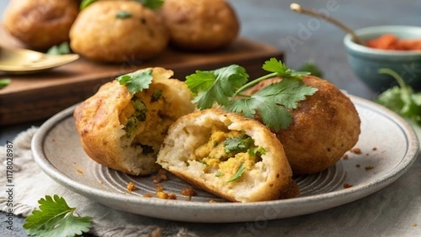 Fototapeta Crispy batata vada served on a rustic plate garnished with fresh coriander and accompanied by a colorful chutney on the side