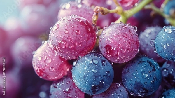 Fototapeta A bunch of ripe red grapes with dew drops on a white isolated background