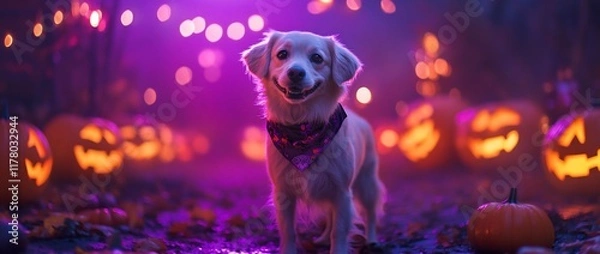 Fototapeta Happy dog in Halloween scene with pumpkins.