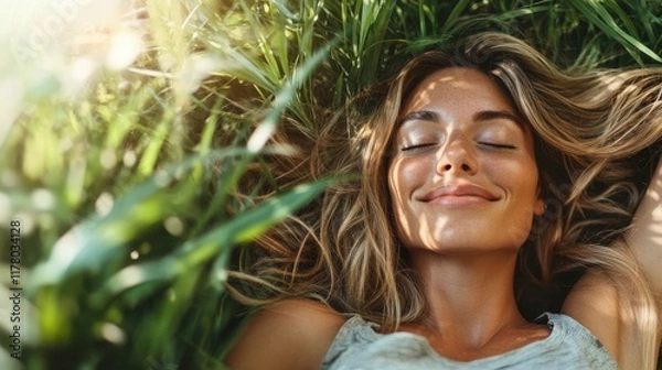 Fototapeta Relaxing in the sun-soaked grass, a woman enjoys the warmth of nature and moment of tranquility