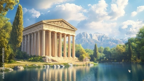 Obraz Greek or roman temple building, ancient architecture with columns and pediment. Summer landscape with antique palace with pillars and road through lake, vector cartoon illustration