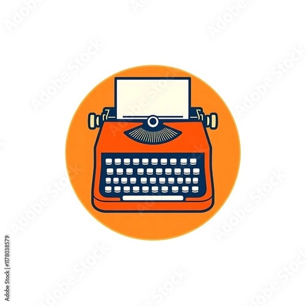 Fototapeta Vintage Typewriter Icon: A classic red typewriter with a blank sheet of paper, set against a vibrant orange circle.  The iconic design evokes a sense of nostalgia and creativity.