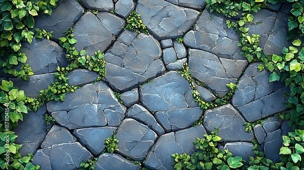 Obraz Cobblestone pavement with creeping plants.