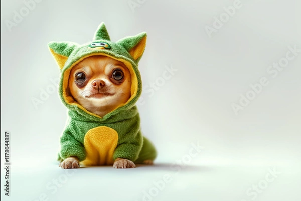 Fototapeta Dinosaur-Themed Chihuahua Costume: A tiny chihuahua dressed in a green and yellow dinosaur hoodie, isolated on light studio background
