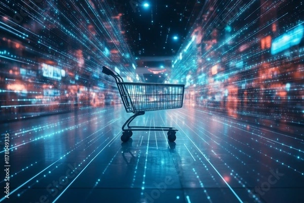 Fototapeta Futuristic smart retail solutions  a shopping cart in a data driven space with glowing lines