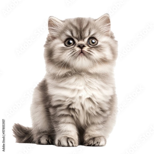 Fototapeta Adorable fluffy kitten sitting on white background