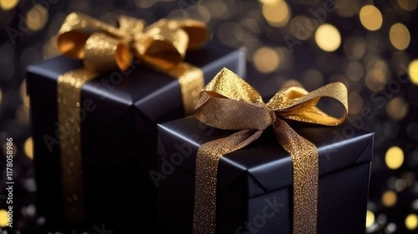 Fototapeta A small black gift box tied with a shiny gold ribbon, perfect for wrapping presents or using as a decorative item