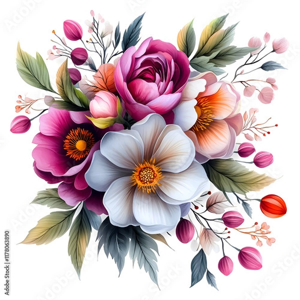 Fototapeta Nature, flowers, clipart watercolor painting of flower, symmetrical pattern, botanical print on white background, vintage style.QW-0778