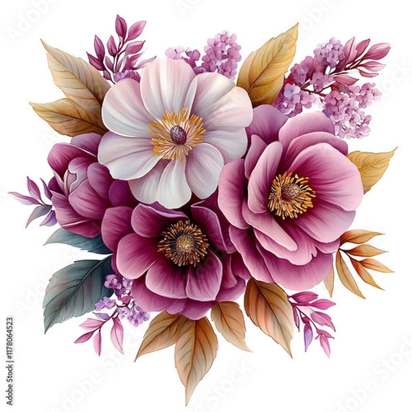 Fototapeta Nature, flowers, clipart watercolor painting of flower, symmetrical pattern, botanical print on white background, vintage style.QW-0732