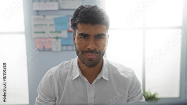Fototapeta Young, hispanic, man working in office environment with focus on attractive appearance and serious expression