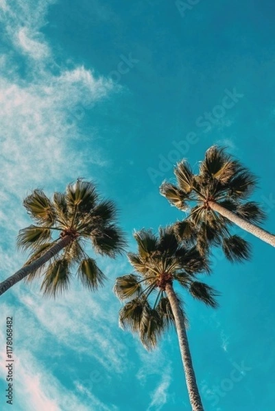 Fototapeta Two tall palm trees standing against a clear blue sky with no clouds