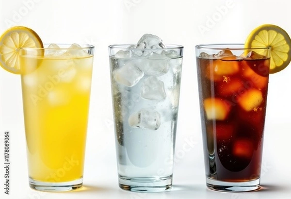 Fototapeta Three glasses of refreshing drinks stand in row against white background. Yellow lemonade, clear water drink on left, right respectively. Middle glass holds ice-cold water. Lemon slices rest atop
