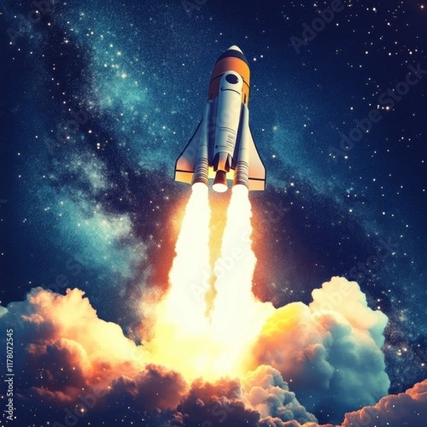 Fototapeta A space shuttle takes off from its launchpad, shooting into the sky