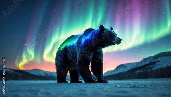 Fototapeta Majestic bear under colorful northern lights in serene alpine wilderness.