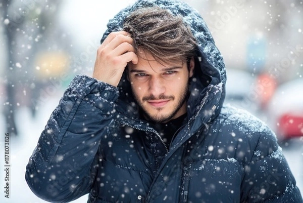 Fototapeta A fashionable young man stands confidently in a snowy urban setting, adjusting his hair while wearing a cozy winter jacket, exuding youthful energy and style