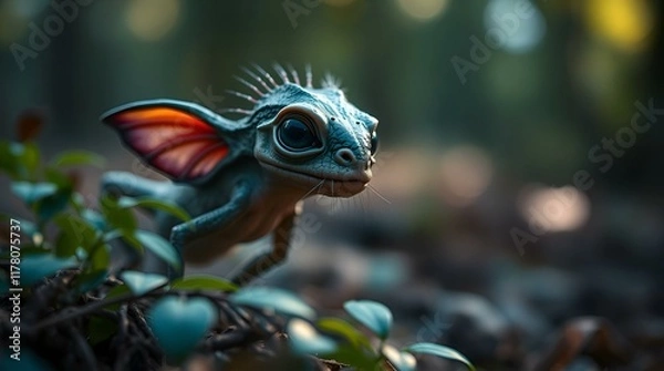 Obraz Little green creature curiously sitting on moss in forest