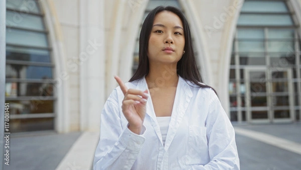 Obraz Young chinese woman standing outdoors in an urban city setting, wearing a white shirt, looking confident, and pointing upwards, with modern architecture in the background.