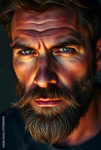 Fototapeta Intense Portrait of a Bearded Man with Striking Blue Eyes in Dramatic Lighting