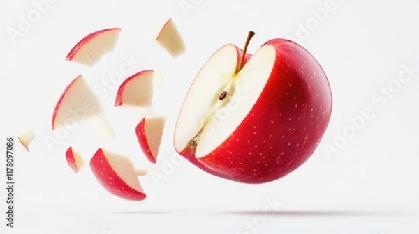 Fototapeta Falling Red apple slice isolated on white background, clipping path, full depth of field.