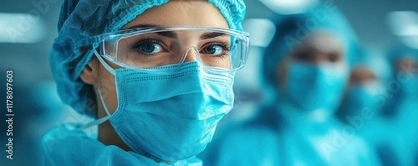 Fototapeta Healthcare Professional in Surgical Attire with Focused Expression Demonstrating Medical Preparedness in a Modern Hospital Environment