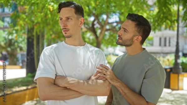 Fototapeta Gay couple arguing in an urban park with one man comforting another during a discussion on a sunny day