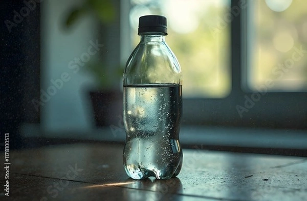 Obraz a plastic bottle stands on a table against the background of a window