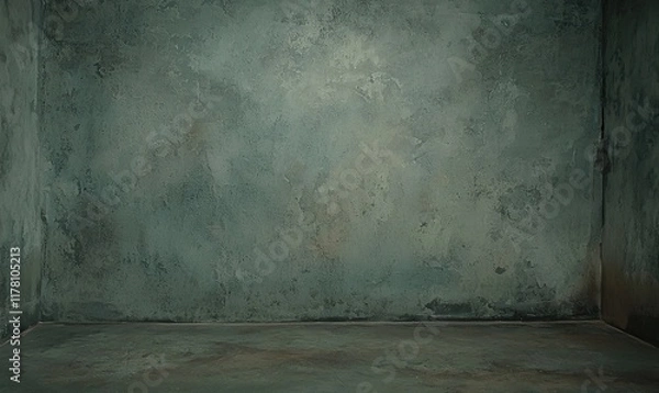Fototapeta Empty grungy room corner with textured walls and floor, ideal for product placement or backdrop.