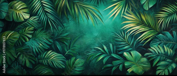 Fototapeta Emerald green rainforest canopy with lush foliage and soft lighting in hyper-realistic style