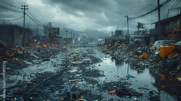 Obraz Post apocalyptic city street covered in debris and garbage reflecting in polluted water