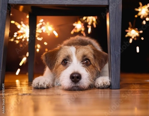 Fototapeta a scared dog hiding under a table during a festive fireworks