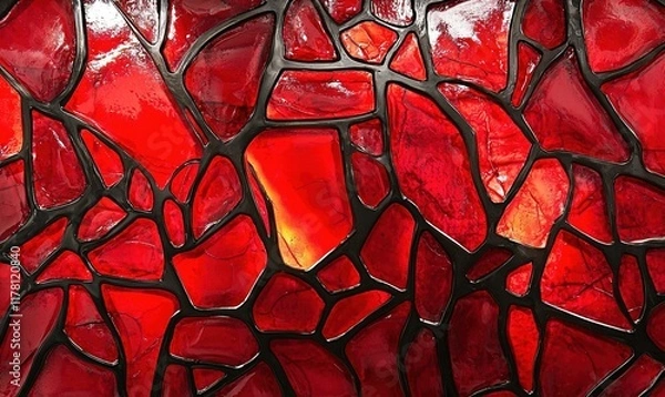 Fototapeta Red glass shards, black veins, abstract background, design element.