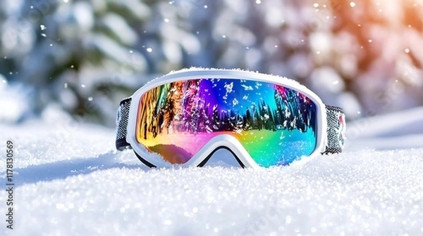 Fototapeta Ski goggles with rainbow reflection resting in fresh snow, snowy trees blurred in background.